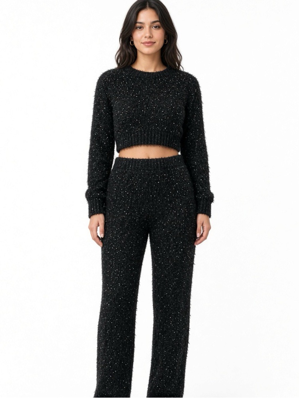 NWT Charlotte Russe Black Sparkle Fuzzy Crop Sweater Pant Set M